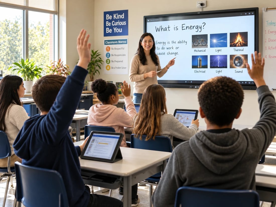 Teacher at a smartboard while students raise their hands